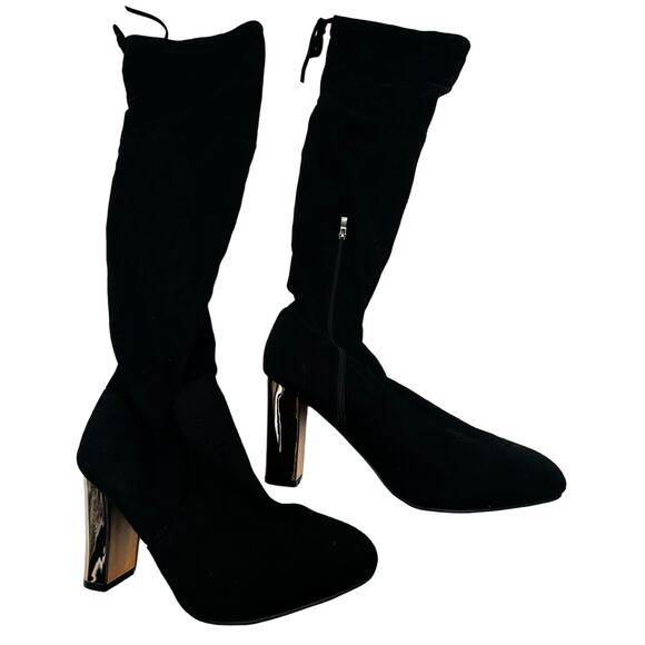 AMI CLUBWEAR Size 11 Black Faux Suede Over The Knee Chunky Shiny Gold Heel Boots - Picture 2 of 7